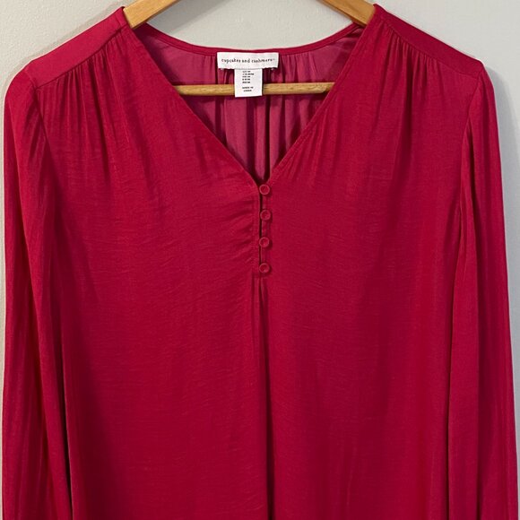 NWOT Cupcakes and Cashmere Red Satin Blouse with Long Sleeves - Picture 3 of 13
